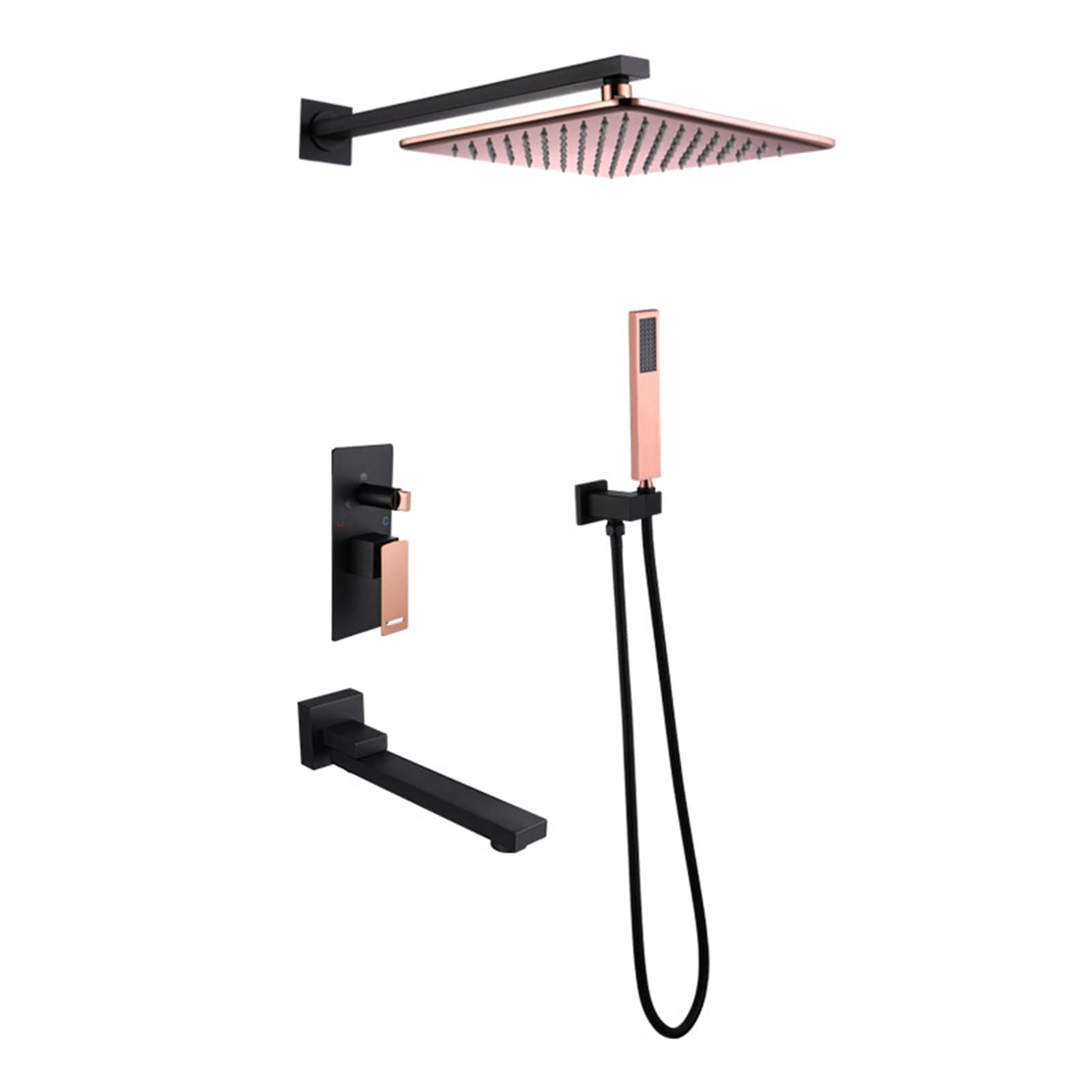 Bathroom Concealed Shower Tap System Shower Head And Hose With Bathtub Outlet Shower Mixer Set Black+Rose Gold(Black+Rose Gold)
