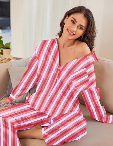 Ekouaer Womens Satin Silky Pajama Set 2 Piece Print PJs Soft Loungewear Button Down Sleepwear with Elastic Waist Long Pants