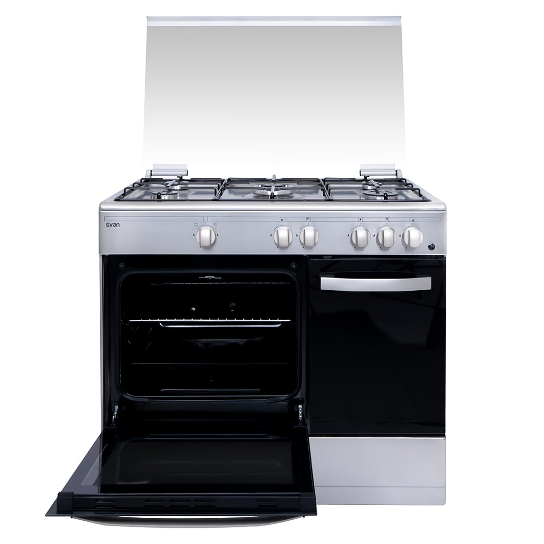 Svan Cocina Gas Butano 5 Zonas de Cocción, Horno 59 L, Inox SKGW5901PBX. Control Manual, Quemador WOK triple llama, 2 Programas de Cocción, Compartimento Bombona, Cristal en Puerta de Doble Capa