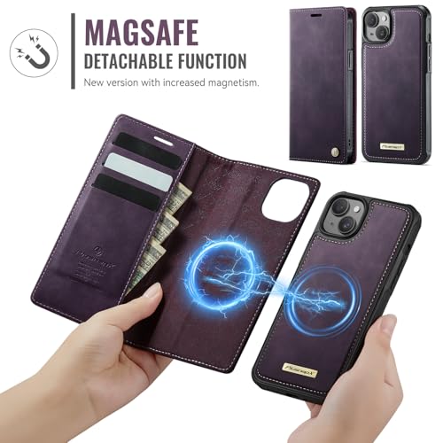 Image of Wallet Case for iPhone 13 Compatible with Magsafe, 2-in-1 PU Leather Flip RFID Blocking Card Holder Stand Shockproof Magnetic Detachable Cover for iPhone 13 Case 6.1 inch, Retro Purple