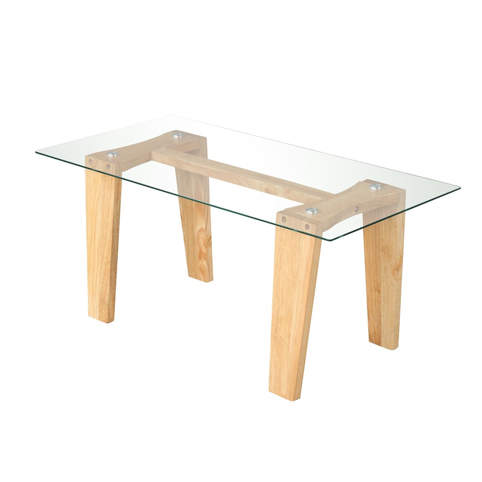 Multigot Coffee Table, Tempered Glass Cocktail Sofa Side Table with Solid Rubber Wood Legs, Accent Center Table Snack Tea Table for Living Room, Bedroom and Office (Rectangular, Natural)
