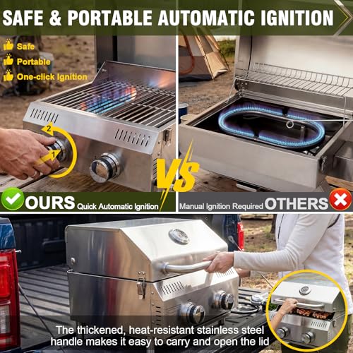 Image of Bestfire Tabletop 2-Burner Gas Grill, 20,000 BTU Stainless Steel Portable Propane Grill, Removable Legs, Push-Button Ignition, Thermometer, for Outdoor Patio, Camping, Tailgating & RV