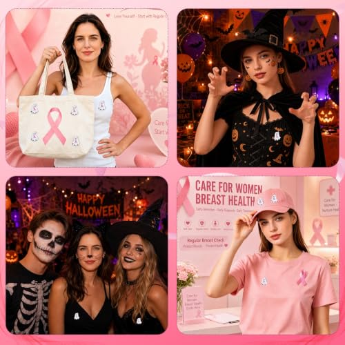 Image of 60Pcs Breast Cancer Awareness Lapel Pins Pink Ribbon Ghost Accessories | vital cause! SANNIX 60-piece alloy pins combine Halloween fun with Breast Cancer Awareness. Durable.