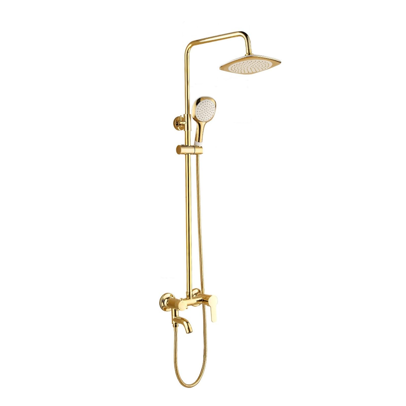 Pomme de douche dorée effet pluie et douchette luxe pour une salle de bain moderne