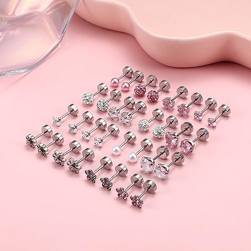 Thunaraz THA-P-E0011-FLAT 16 Pairs Hypoallergenic Screw Back Earrings For Women Girls Surgical Steel Tiny Cz Pearl Ball Heart Flower Screwback Flat Back Stud Earrings Set 20G thumb #6