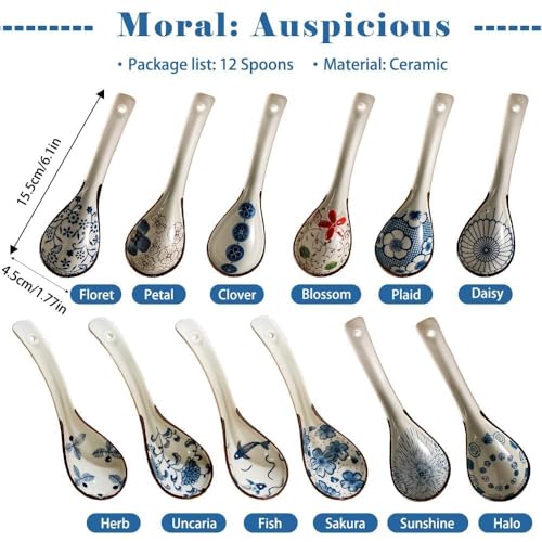 Image of Raelitego 12pcs Asian Soup Spoon, Ceramic Chinese Soup Spoons, Deep Oval Hook Non-slip Japanese Spoons for Rice Ramen Pho Miso Soup Wonton Noodle, Luck and Prosperity Gifts for Friends Parents Family