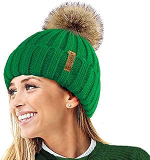 TOSKATOK®Womens Warm Winter Hat Woolly Knitted Beanie with Detachable Chunky Faux Fur Bobble Pom Pom