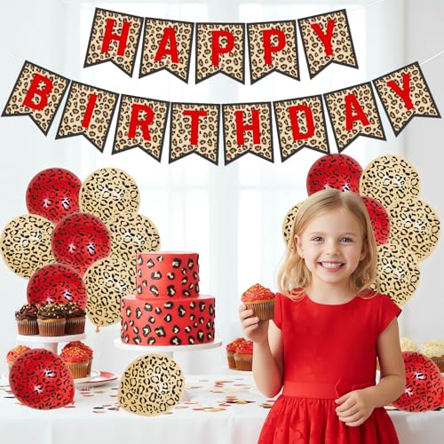 Image of Cheetah Print Birthday Decorations Leopard Happy Bday Banner Red Brown and Cheetah Print Latex Balloons for Girls Women Safari Wild Animal Birthday Party Decor Supplies