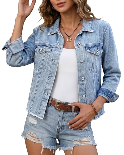 Image of luvamia Denim Jacket for Women Distressed Jean Jackets Button Up Vintage Western Trucker Jacket Frayed Hem Pockets
