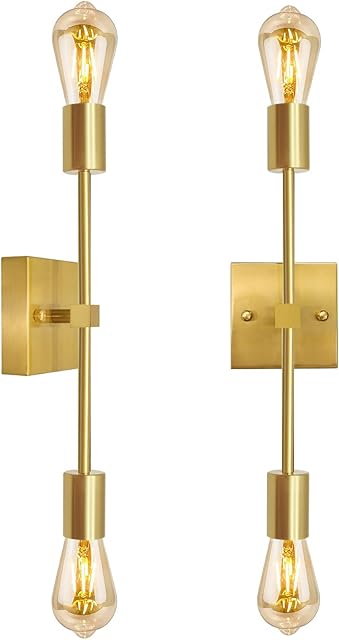 Brushed Brass Bathroom Wall Sconces, 2 Pack E27 Base Vanity Lights, Industrial 2 Light Wall Lighting Fixtures, Vintage Wall Lamp for Mirror Hallway Kitchen Bedroom, Square Lamp