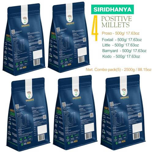Image of Siridhanya Unpolished millets whole grains Combo Pack (5 x 500g) - Foxtail, Kodo, Little, Barnyard, Proso | Low GI, Gluten-Free, High Fibre & Plant based Protein | Natural Healthy Grain for healthy life wt. 2.5kg
