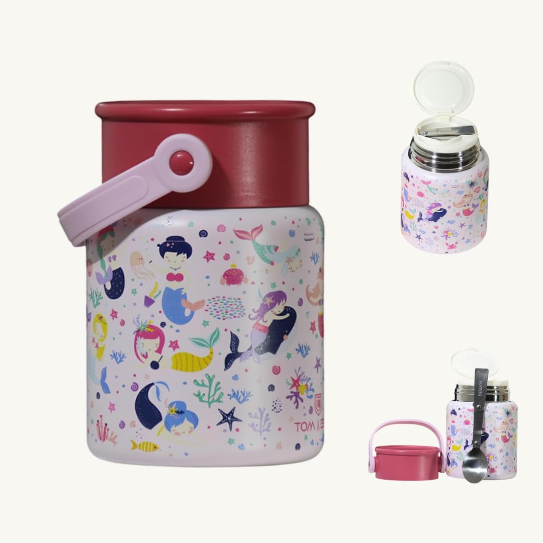 TOM & BELL Insulated Food Jars for Kids 500ml,Double Wall Lunch Boxes for School, Portable, Foldable Spoon, Premium 316 Stainless Steel, Hot and Cold Lunch Box jar (Hot Pink, 500ml)