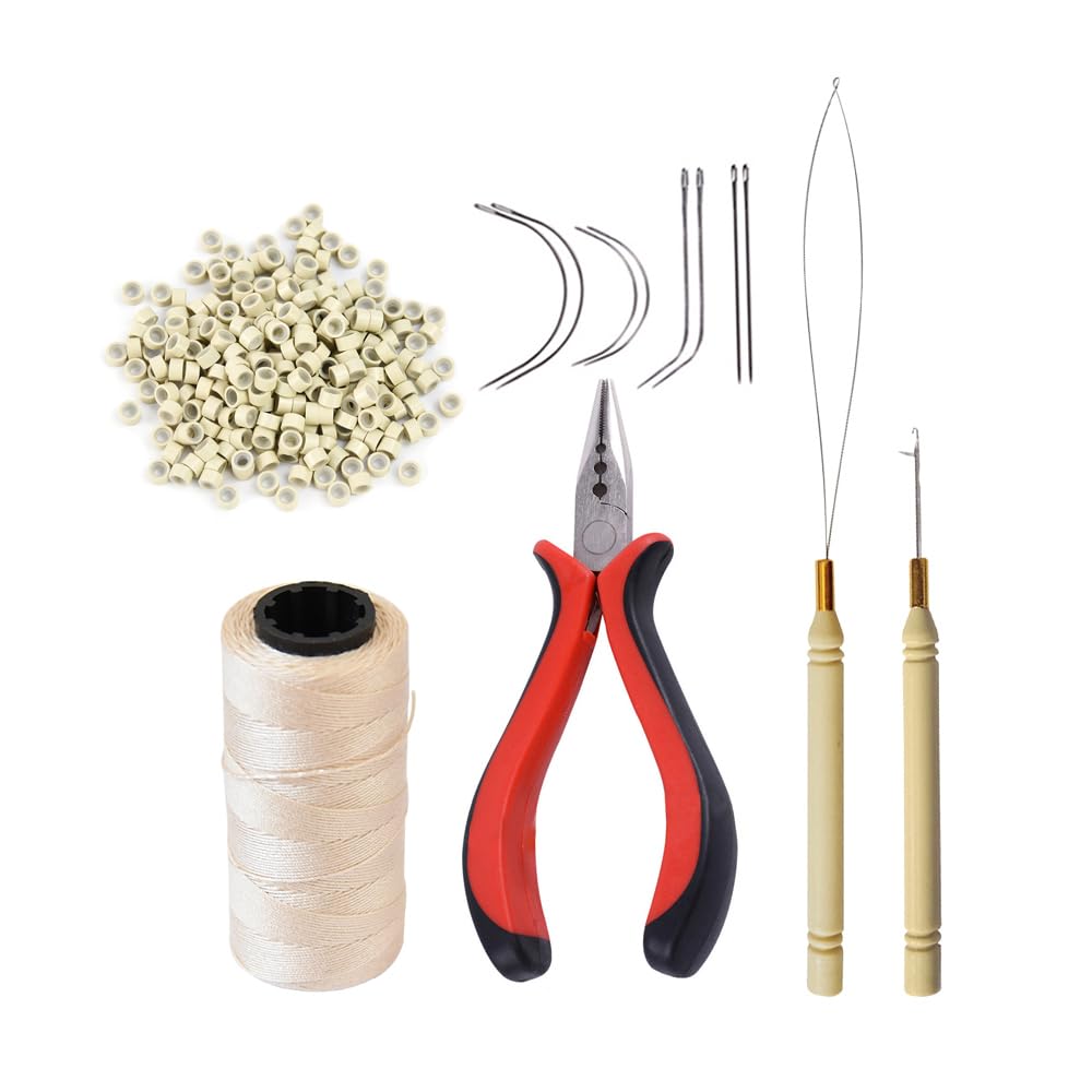 Hair Extensions Tool Kit: 200 Pcs Silicone Lined Micro Links Beads, 1 Three Hole Hair Pliers, 1 Roll Sewing Thread, 1 Loop Needle Threader, 1 Pulling