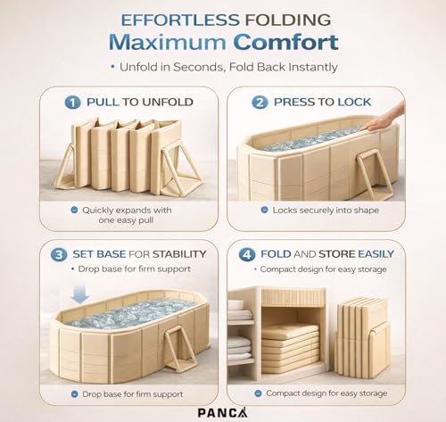 Image of PANCA Portable Bath Tub for Adults | Foldable SPA Bathtub with Drainage Hole, Thick Insulated Design for Hot & Cold Water (Beige Rectangular)