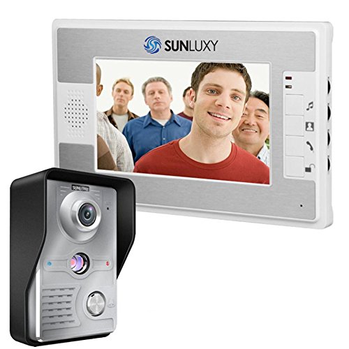 Front view of the SUNLUXY outdoor camera unit with a protective hood.