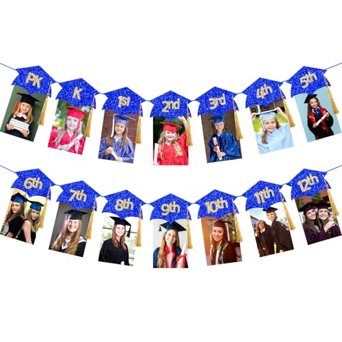 Blue and Gold K-12 Graduation Photo Banner with Tassel, Kindergarten to 12th Grade Graduation Picture Banner for Grade Photo Kindergarten 2025 Party Decorations Blue and Gold