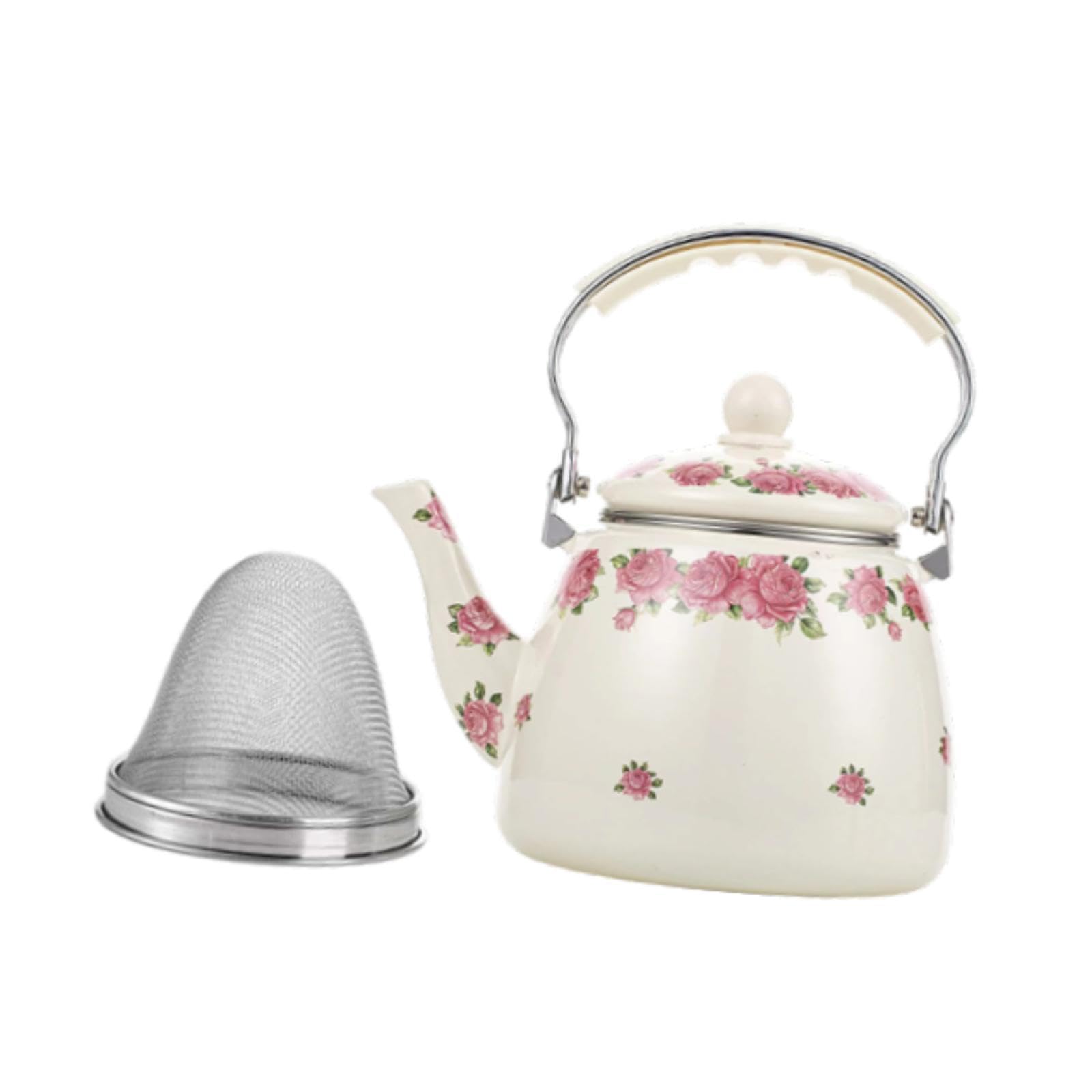 Emaille-Teekessel, Wasserkocher, 3,3 l, robuste Vintage-Blumen-Emaille-Kanne, Kaffeekanne für Zuhause, Restaurant, Kaffee, Tee, heißes Wasser, Rosa