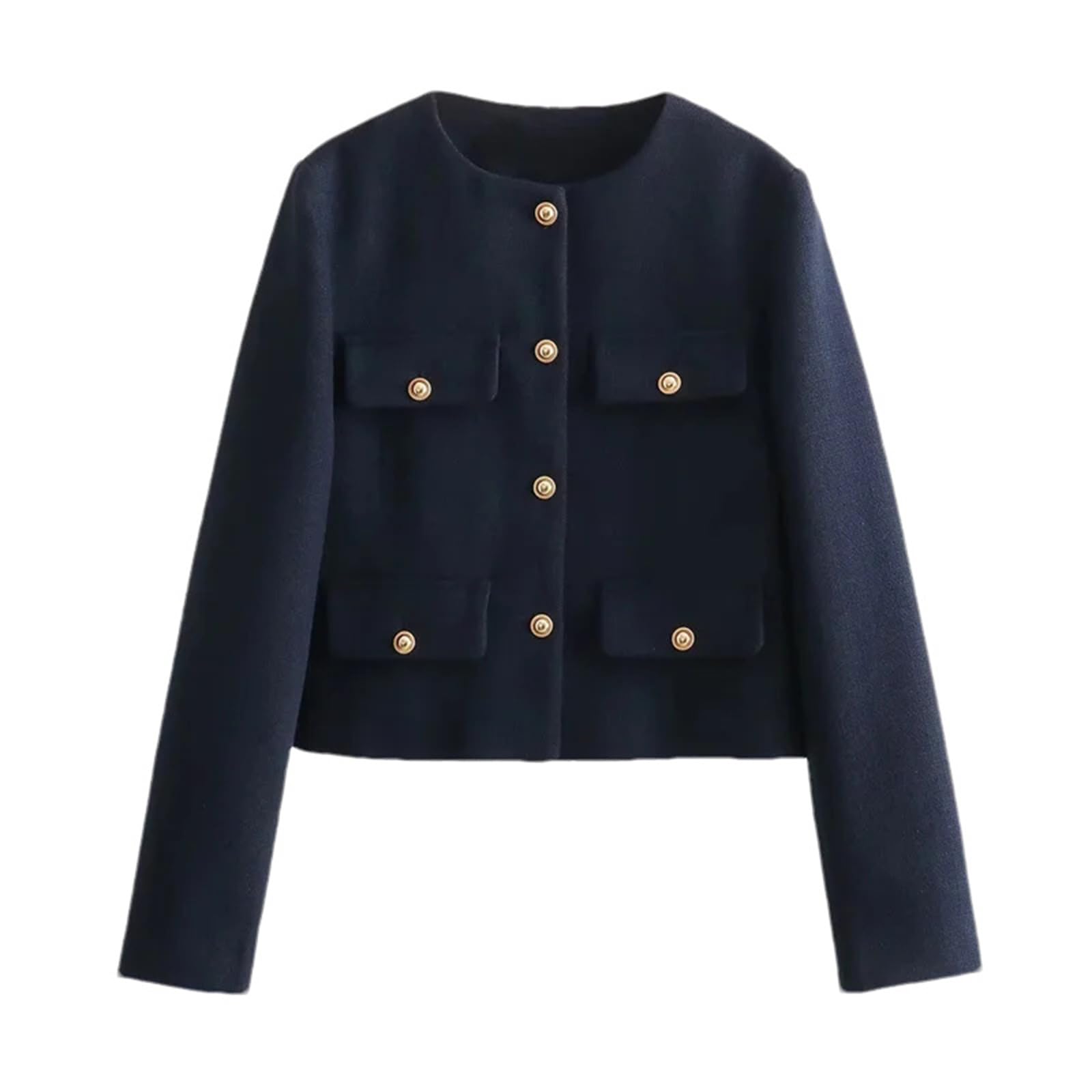 Women Long Sleeve Tweed Cropped Jacket Vintage Slim Button Down Petite Blazer Coat with Flap Pocket