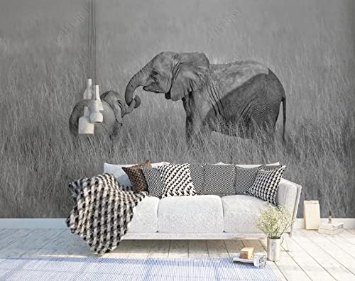 Papel Pintado Pared Elefante Bebé Elefante Grey Pastizales Fotomurales 3D Papel Pintado Infantil Dormitorio Murales
