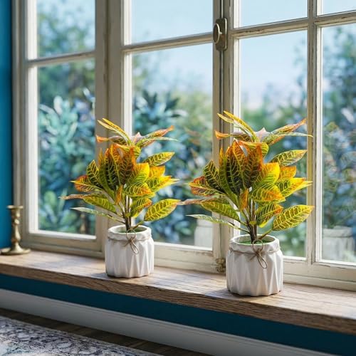 Image of Dekorly Artificial Lavender Plant in White Pot, 18cm - Realistic Faux Flower Arrangement for Home & Office Decor (Set of 1) (2, Croton Plant)
