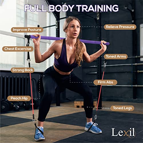 LEXIL Draagbare Pilates Bar Oefenkit - Stapelbaar 3 paar weerstandsbanden (15, 20, 30 lbs) - Home Gym Apparatuur voor Mannen en Vrouwen, Workout Kit voor Body Toning, met Fitness Video (Paars). - Afbeelding 3