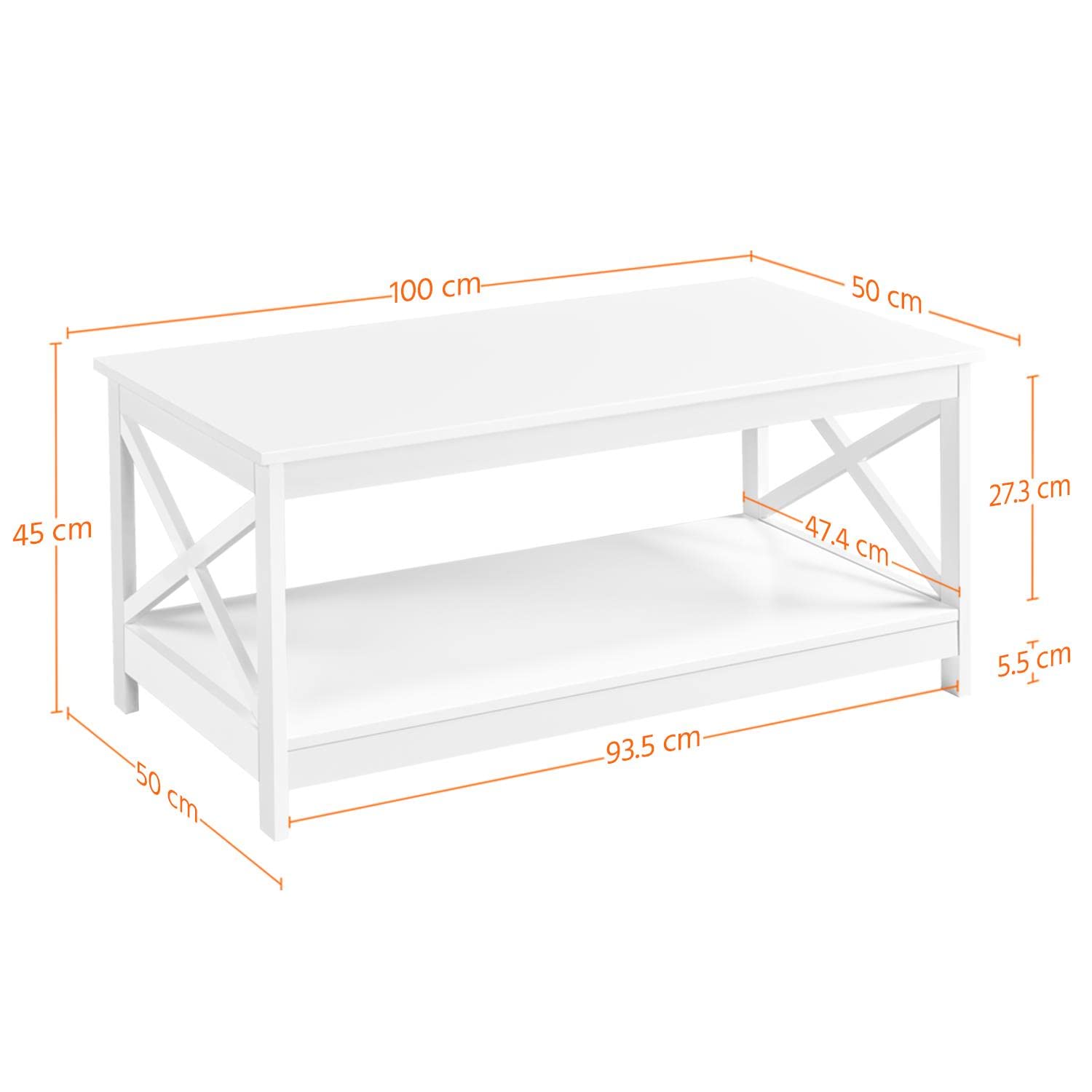 Yaheetech Mesa de Centro Moderna con Estructura en X Mesa de Café con Doble Nivel de Almacenamiento 100x50x45cm Ideal para Libros Revistas Blanco