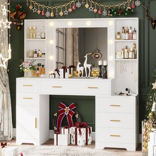 Hasuit 48.8'' Large Vanity Desk with Lighted Mirror & Power Outlet, White Makeup Vanity Table with 6 Drawers, 4 Shelves and 1 Storage Cabinet, Glass Tabletop Bedroom Dressing Table, 3 Lighting Modes