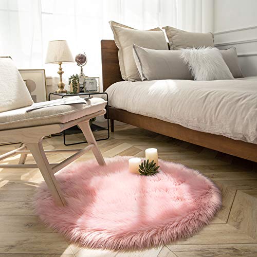 Ashler Faux Fur Rug, Fluffy Shaggy Area Rug Ultra Soft 3 X 3 Feet Round Fur Rug, Pink Fuzzy Rug Machine Washable Shag Rug, Nursery Decor Throw Rugs For Bedroom, Kids Room, Living Room #TOP1