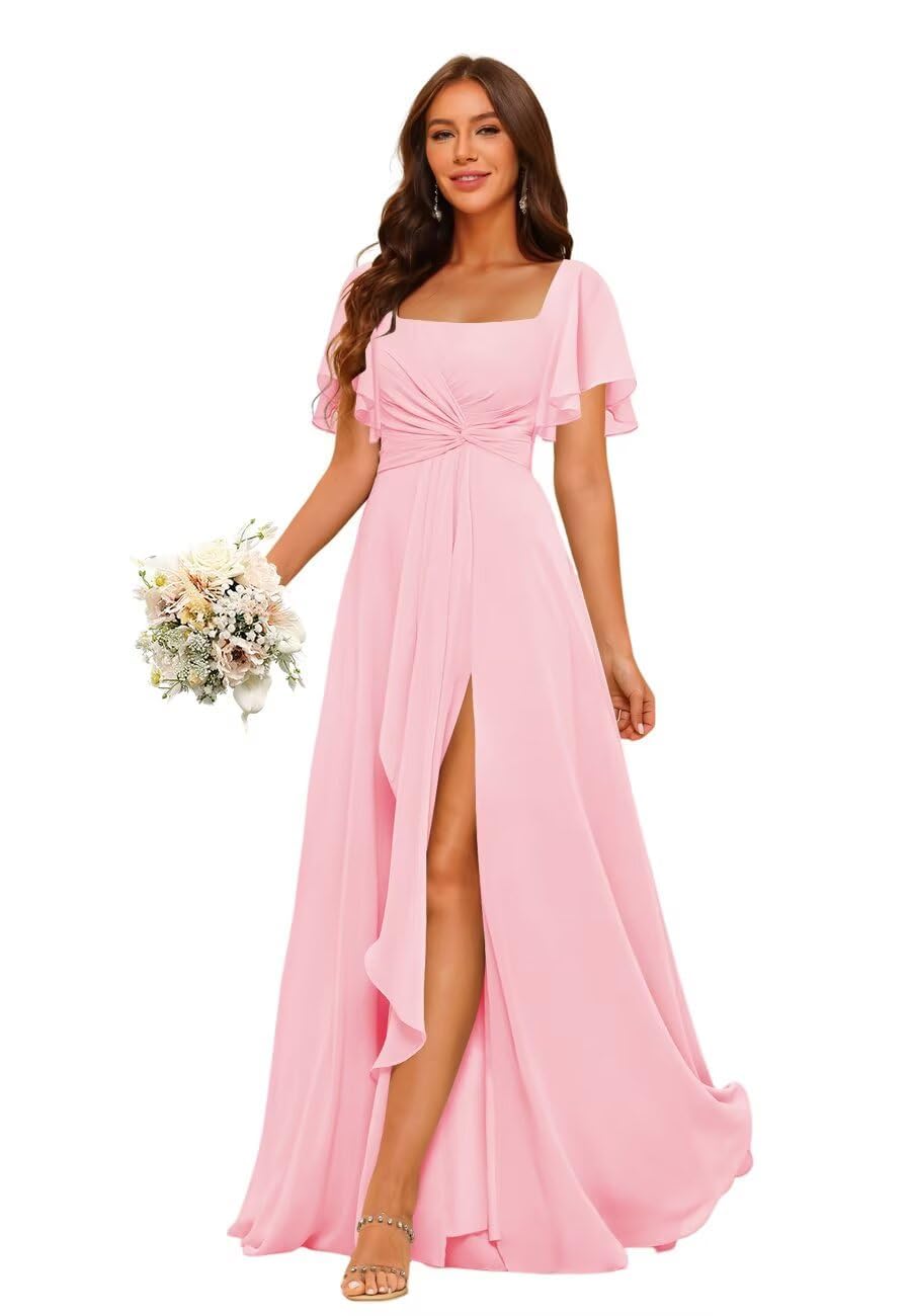 HUINI Chiffon Damen Rüschenärmel Brautjungfernkleider Falten Abendkleid Damen Lang Partykleid mit Schlitz