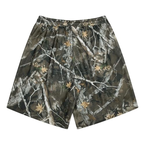 Men's Camouflage Casual Athletic Shorts with Tree Print, Drawstring Waist, Woodland Design2