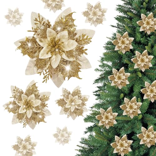 16Pcs Christmas Glitter Poinsettia Flowers Christmas Artificial Decorations for Tree Xmas Tree Flowers Decorations Champagne Gold Artificial Flowers for DIY Xmas Trees Garland Decor