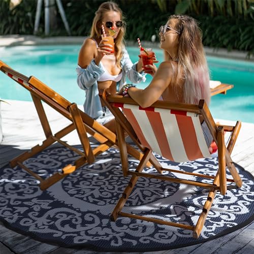 Image of NUU GARDEN 5Ft Round Outdoor Rug for Patios Waterproof, Plaid Reversible Door Mat Plastic Camping Rugs, Straw Rug Indoor Rugs Carpet for RV, Deck, Balcony, Porch, Picnic, Beach, Blue and White