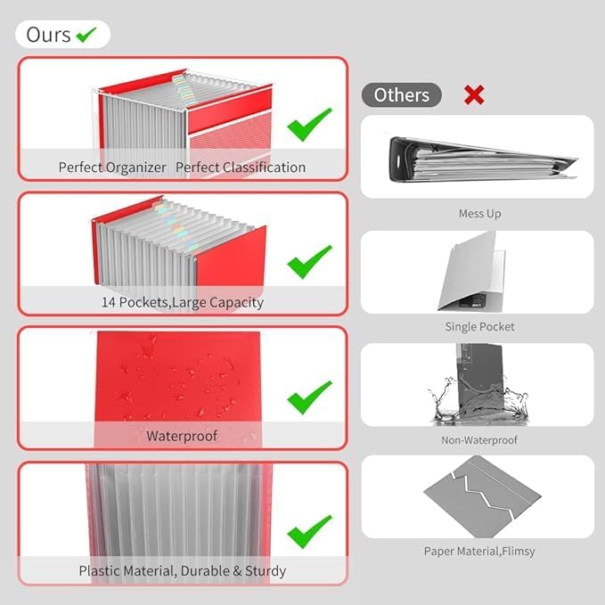 TOPCJ Plastic Expanding Hanging File Folders,12 Expandable Pockets,Multi Color Tabs,Hanging Folders for Filing Cabinet Letter Size,Office Supplies Manilla File Folders 8.5 X 11,Red image 4