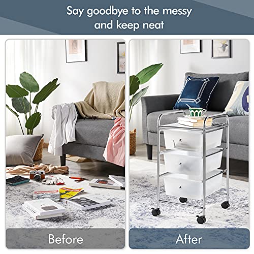 Yaheetech Trolley met 3 opbergvakken, rolcontainer rolbaar, badrolwagen met remmen, opbergwagen van plastic… - Image 5