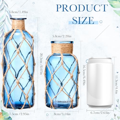 Image of Chuangdi Set of 2 Coastal Glass Flower Vase with Boho Rope, Navy Blue | Coastal Vase, Small Sea Glass Jar, Nautical Beach Bottle for Wedding Table Centerpieces Floral Arrangement Decor