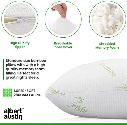 ALBERT AUSTIN Memory Bamboo Pillow, Soft, Orthopedic made from Shredded Breathable Memory Foam. Head, Neck and Back Support. Hypoallergenic Luxury Memory Pillow.