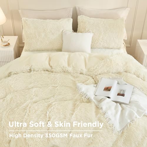 Andency Faux Fur Beige Comforter Set King Size, 3 Pieces Fluffy Fuzzy Plush Bedding Comforter Set (1 Shaggy Velvet Comforter & 2 Pillowcases), Soft Puffy Comfy Down Alternative Comforter Bedding Set