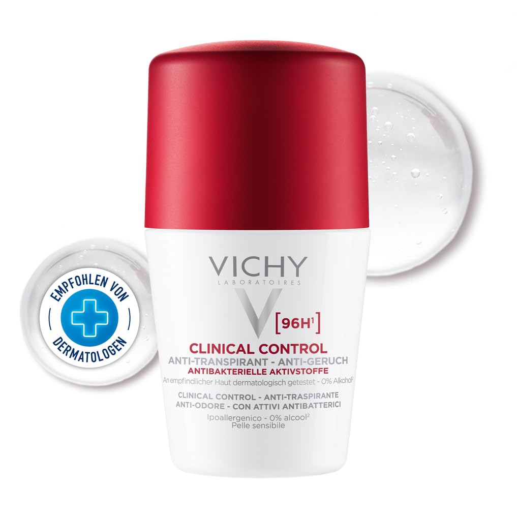 Vichy Clinical Control 96h Frauen, Deo-Roll-on für Frauen, Schweiß- und geruchshemmend, Antibakteriell, Alkoholfrei, Für empfindliche Haut, 50 ml