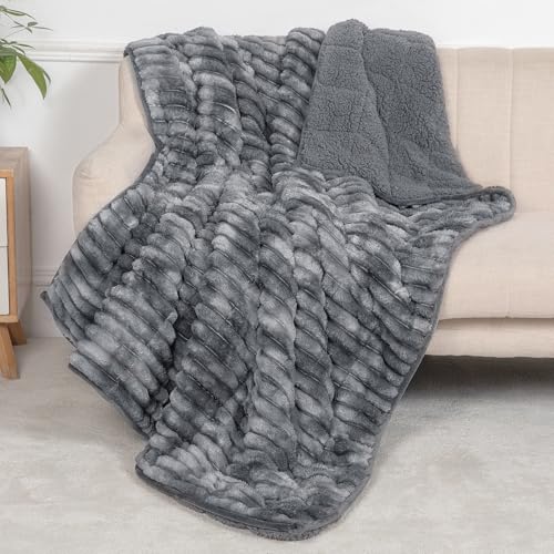 Image of Ultra-Soft Weighted Blanket for Adults(15 lbs, 60 inch x 80 inch Queen Size) 3D Striped Sherpa Fleece Reversible Heavy Blanket with Glass Beads, Perfect for 140-190 lbs, Machine Washable, Tie-dye Grey
