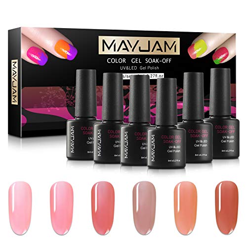 MAYJAM Jelly Crystal Gel Nude Gel Polish Transparent Pink Soak Off Nail Polish Gel 8ml 6 Bottles Set