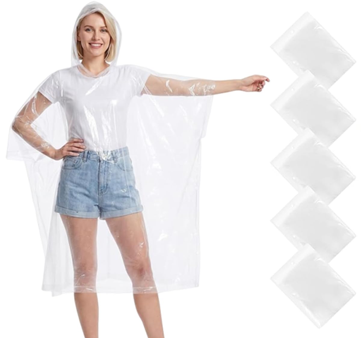 5 Stück Einweg Regenponcho Regencape, Transparent Regencape für Damen Herren, Regen Poncho mit Kapuze, Regenponcho Wasserdicht Geeignet für Camping Radfahren Wandern