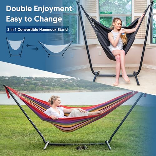Image of SUNCREAT 2-in-1 Convertible Backyard Fabric Hammock with Stand, Red Stripes