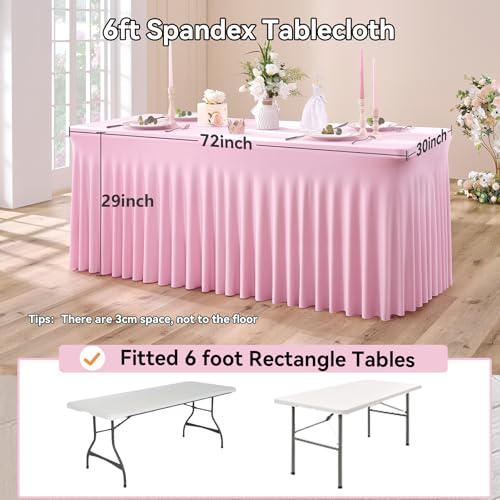 Image of NSSONBEN 6 pk Baby Pink Spandex Tablecloth 6ft with Ruffle Table Skirt, Wrinkle Free Stretchy Fitted Tablecloths for 6 Foot Rectangle Tables, Elastic Spandex Table Covers for Weddings Parties Banquet