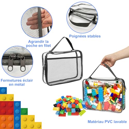 4er-Set XL Spielzeug-Aufbewahrungstaschen aus PVC | Wasserdicht mit Reißverschluss & Netzfächern | Für Bausteine, Badespielzeug, Puzzle (34x7.6x26.5 cm)