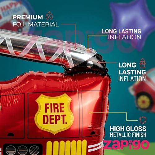 Image of Balloonistics Fire Truck Theme Birthday Balloon Bouquet | Firefighter Birthday Party Decoration | Fire Engine Party Balloon Set for Kids | Pack of 5
