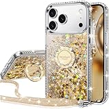 Silverback for iPhone 17 Pro Max Case, Moving Liquid Holographic Sparkle Glitter Case with Kickstand, Girls Women Bling Diamond Ring Protective Case for iPhone 17 Pro Max 6.9‘’ - Clear Gold