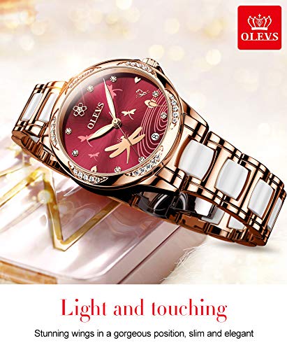 Image of OLEVS Lady Watch Automatic Fashion Bracelet Set Ceramic Analogue Diamond Elegant Dress Stainless Steel Date Rose Gold Wrist Watch for Women, Wine Red, strap