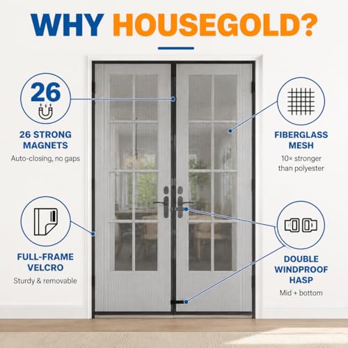 Image of Magnetic Screen Door for 72 inchx80 inch French Door, Durable Fiberglass Double Door Screen Mesh Curtain Fits Door Opening up to 70 inch x79'' Keep Bugs Out