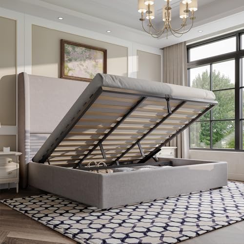 AMERLIFE Lift Up Storage Bed King Size Linen Upholstered Platform Bed Frame, Hydraulic Storage,Modern Wingback Headboard, Light Grey