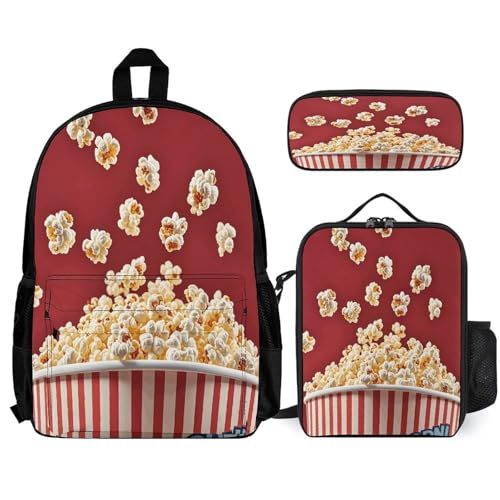 3-in-1 Backpack Combination Set Popcorn Print 3Pcs Backpack Sets Travel Daypack with Lunch Bag And Cosmetic Bag